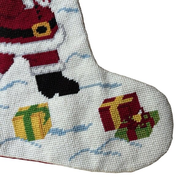 Vintage Wool Needlepoint Christmas Stocking Santa Toys Red Velvet Back Sz 18" L - Picture 2 of 9